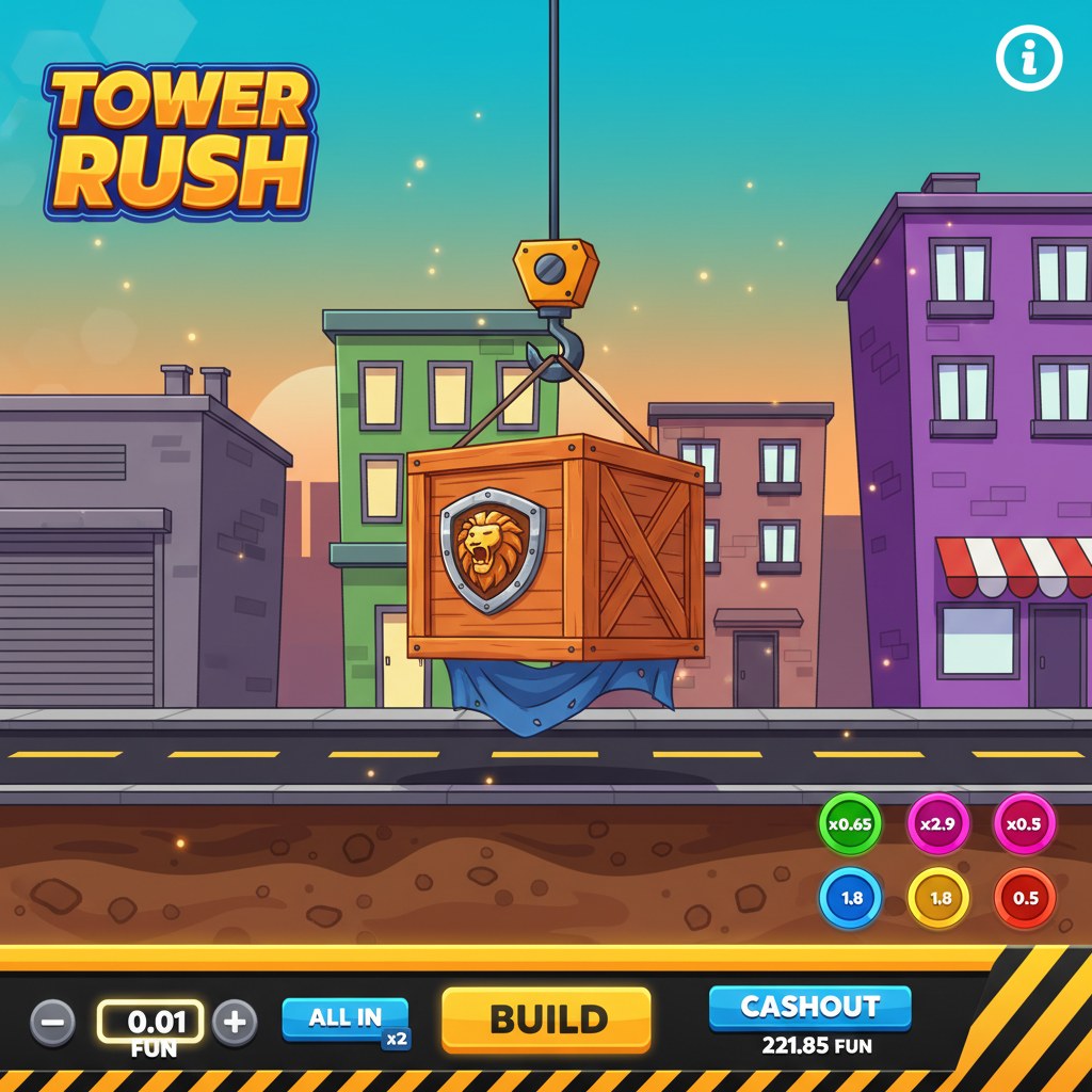 Tower Rush de Galaxsys : une caisse en bois marquée d'un blason au lion pend au crochet d'une grue au-dessus d'une rue goudronnée, décor de ville au coucher du soleil avec entrepôt gris, boutique verte et immeubles violets, pastilles de cotes colorées à droite et barre de commande jaune rayée de noir en bas